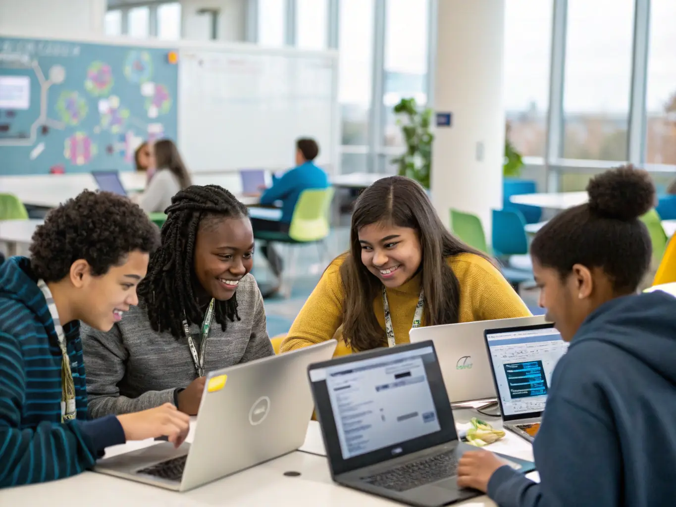A diverse group of students collaborating on an AI project, using a whiteboard covered with diagrams and equations, illustrating the collaborative and innovative environment at aitraininguk.site.