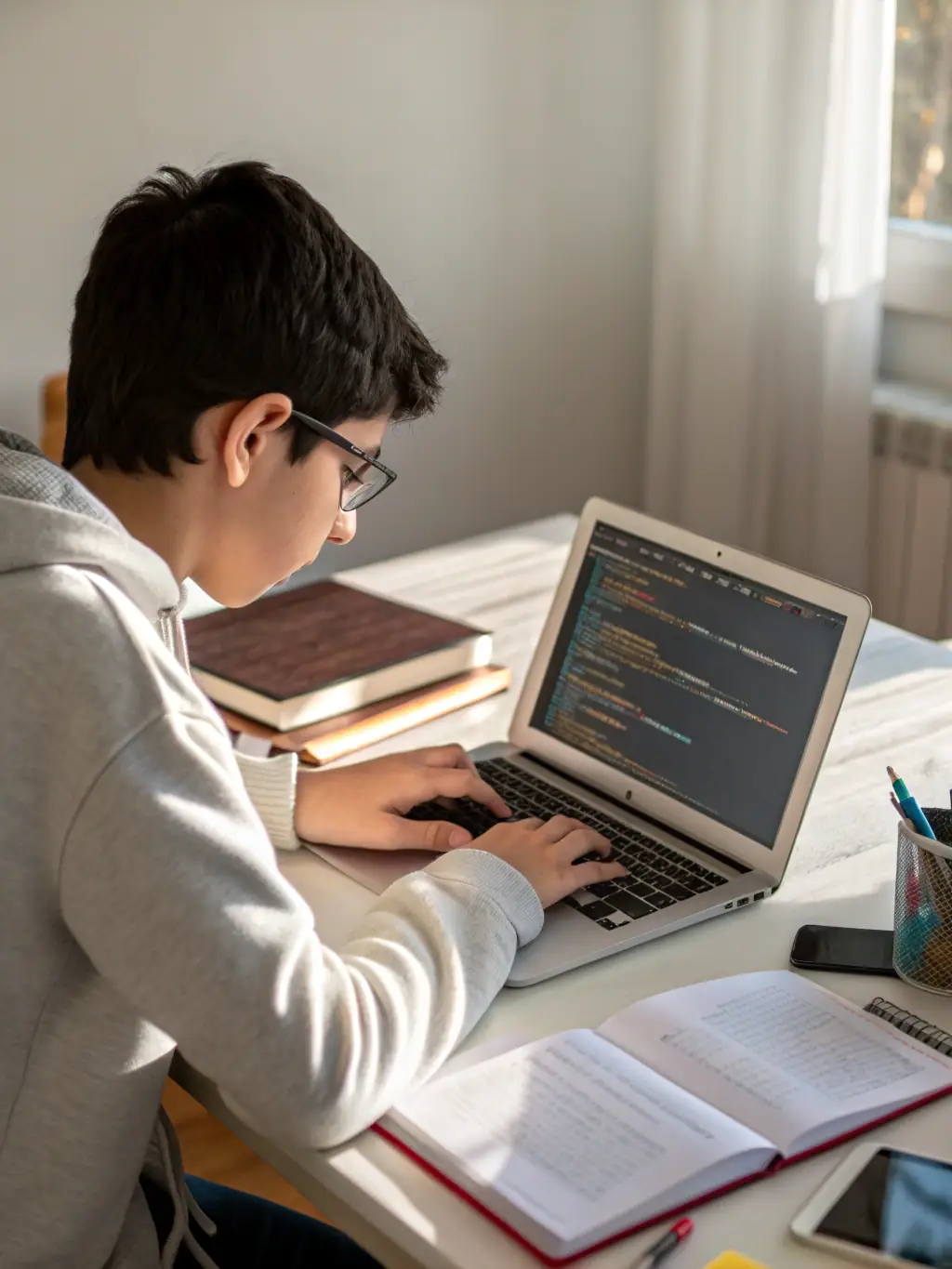 A close-up shot of a student coding an AI algorithm, emphasizing the technical skills acquired during the course.
