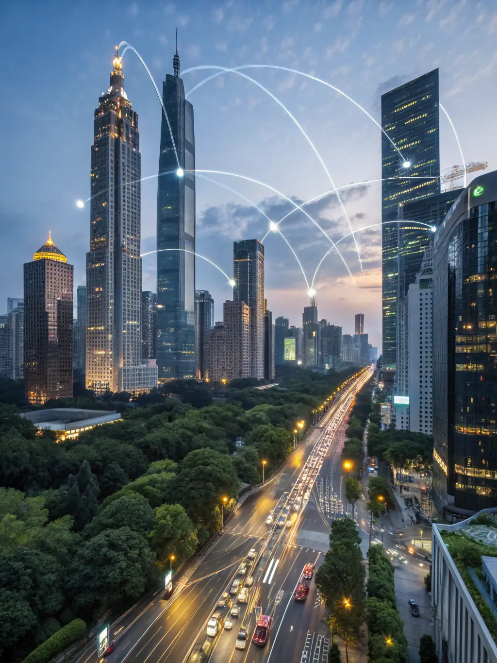 A futuristic cityscape with AI-powered systems managing traffic, energy, and security, showcasing real-world AI applications.