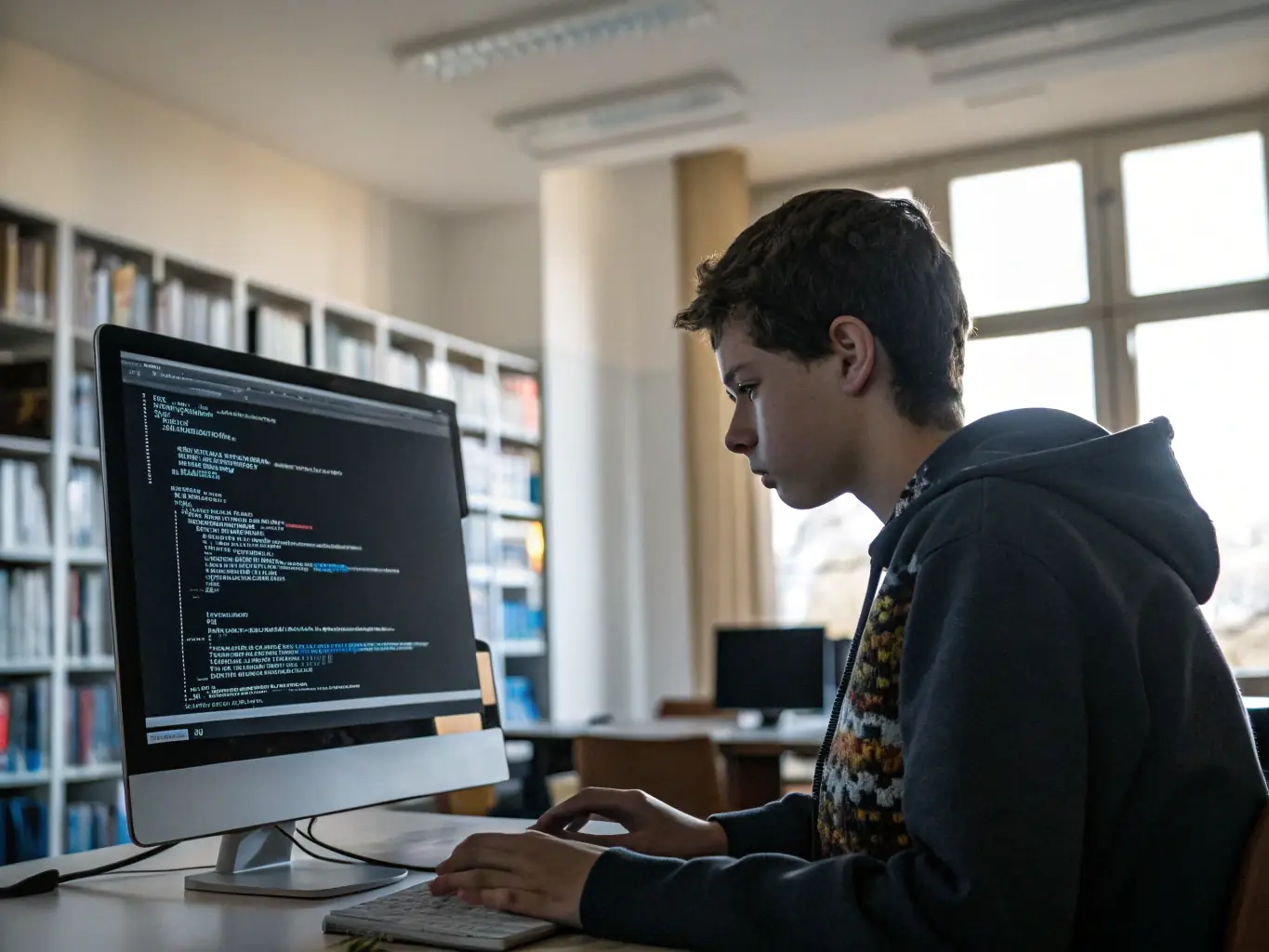 A focused student intently coding during an AI training course, surrounded by monitors displaying complex algorithms and datasets, reflecting the practical, hands-on approach of aitraininguk.site.