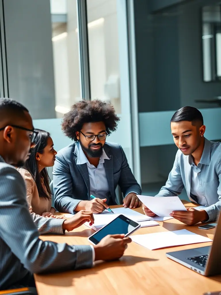 An image of a diverse group of people discussing ethical considerations around a table, with AI-related documents visible.