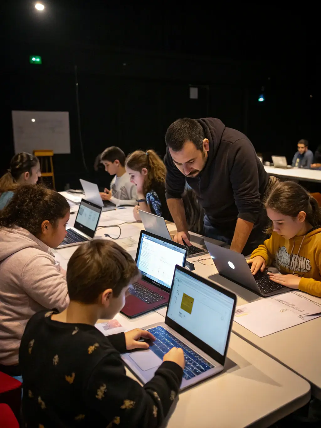 A diverse group of students collaborating on an AI project, showcasing teamwork and innovation in a modern classroom setting.
