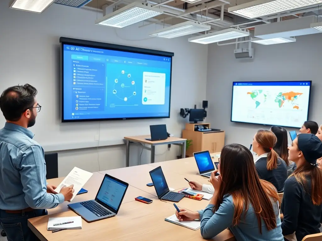 An instructor at aitraininguk.site leading a class on AI applications, using a projector to display real-world examples and interactive simulations, showcasing the school's commitment to practical learning.