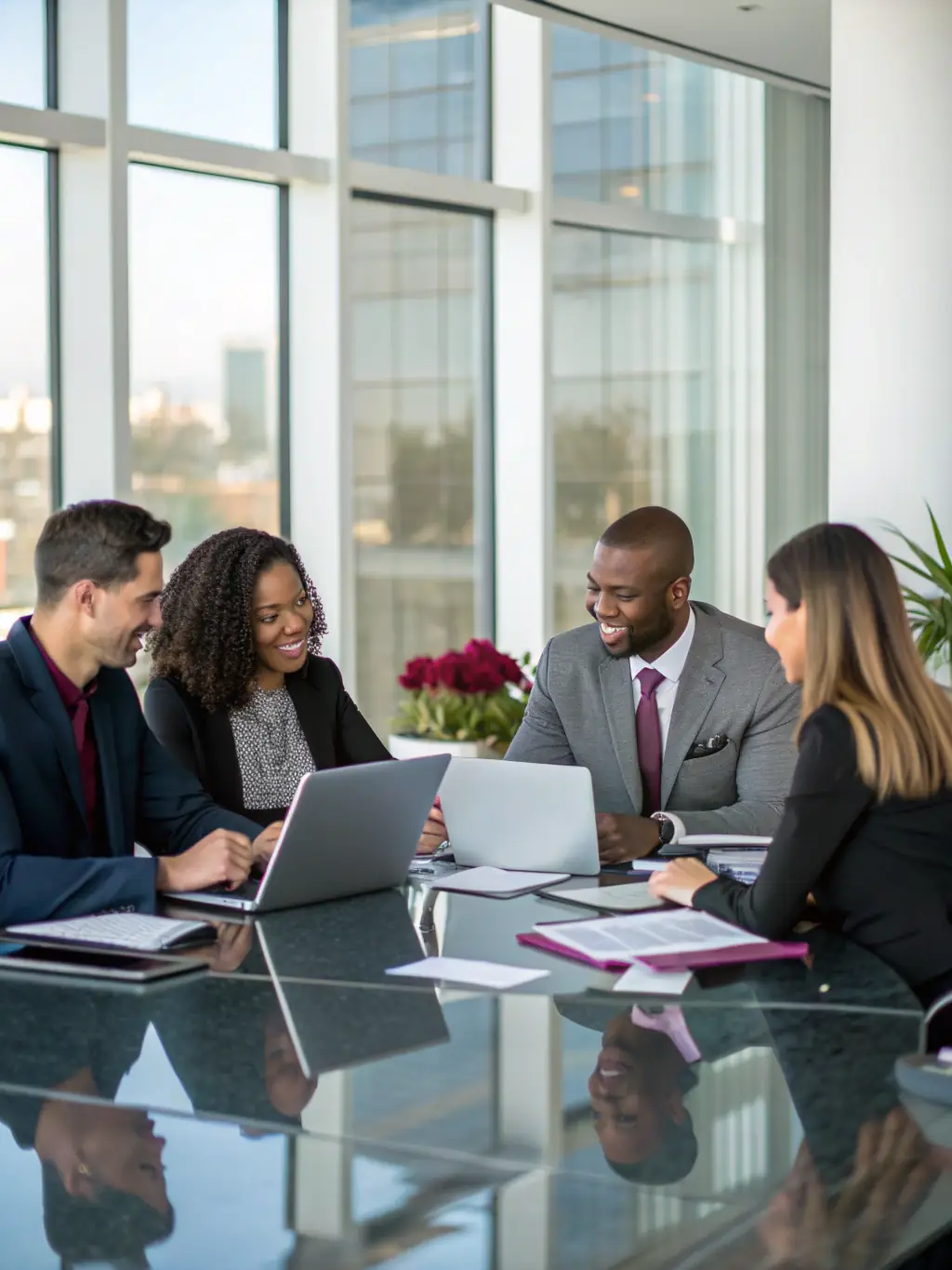 An image depicting a diverse group of people discussing ethical considerations around AI algorithms and their societal impact.